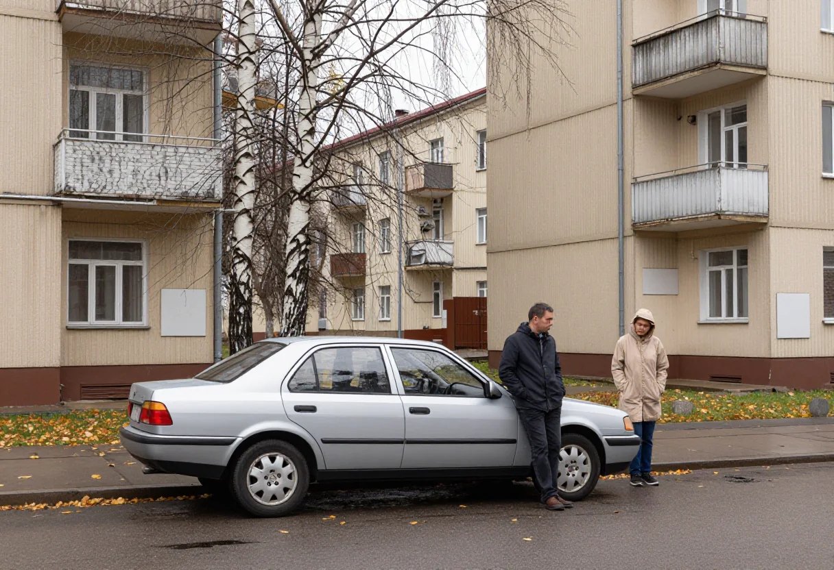 Серебристый седан у панельного дома, рядом двое людей